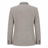 A light gray textured wool blazer shown from the back, featuring a structured collar, long sleeves with button cuffs, and a clean center seam, set against a plain white background.
