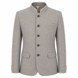 A light gray textured wool jacket with a mandarin collar, five dark brown buttons, and flap pockets, shown on a plain white background.