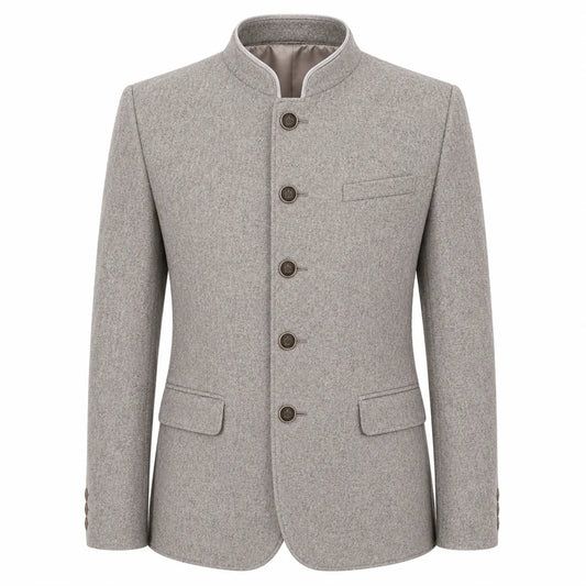 A light gray textured wool jacket with a mandarin collar, five dark brown buttons, and flap pockets, shown on a plain white background.