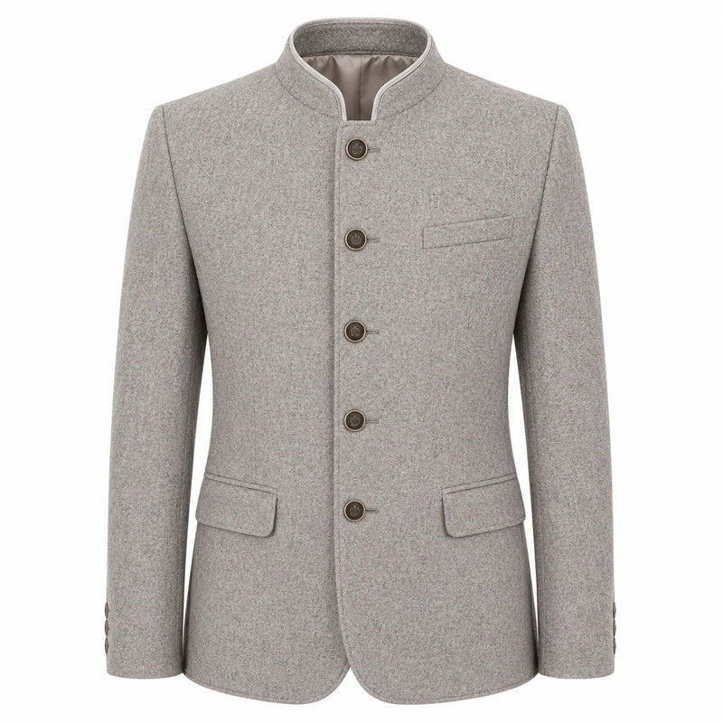 A light gray textured wool jacket with a mandarin collar, five dark brown buttons, and flap pockets, shown on a plain white background.