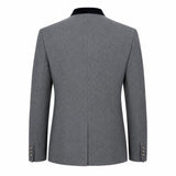 The back view of a men's gray wool blazer with a contrasting black collar, displayed on a clean white background.