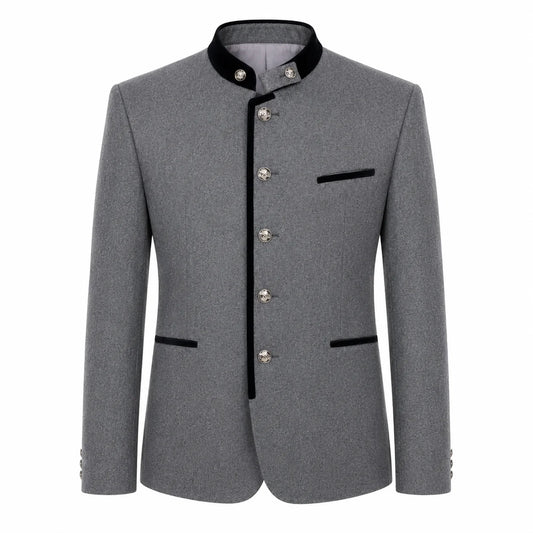 A gray men's traditional jacket with a mandarin collar, black trim, and silver-tone buttons, shown on a plain white background.