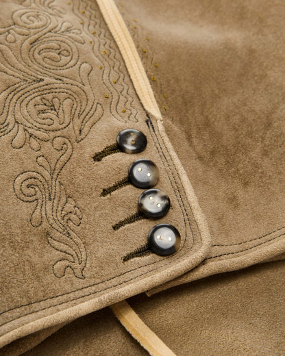 Close-up of a brown suede jacket with intricate stitching and buttons.
