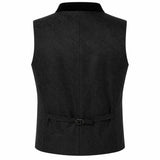 Black waistcoat vest with a subtle damask pattern, featuring a collar and a matching tie belt at the back, shown on a plain white background.