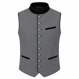 A gray textured waistcoat vest with black velvet trim, featuring a mandarin collar, silver-tone front buttons, and two front pockets, shown against a plain white background.