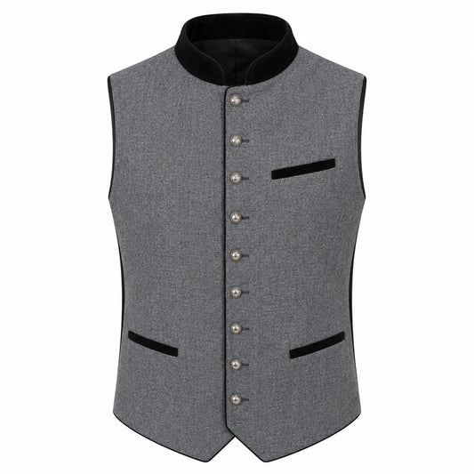 A gray textured waistcoat vest with black velvet trim, featuring a mandarin collar, silver-tone front buttons, and two front pockets, shown against a plain white background.