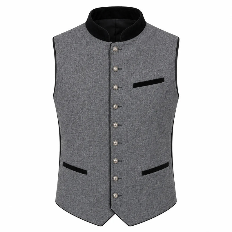 A gray textured waistcoat vest with black velvet trim, featuring a mandarin collar, silver-tone front buttons, and two front pockets, shown against a plain white background.