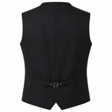 Black waistcoat vest shown from the back, featuring a structured silhouette, a matching tie belt with a silver buckle at the waist, and a notched lapel neckline, set against a plain white background.