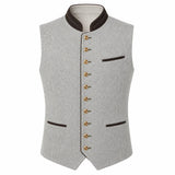 A light gray felted wool vest with dark brown trim, gold buttons, and a high stand collar, shown on a plain white background.