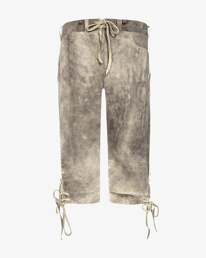 Distressed gray capri pants with drawstring on a white background