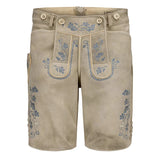 Beige shorts with blue floral embroidery on a white background