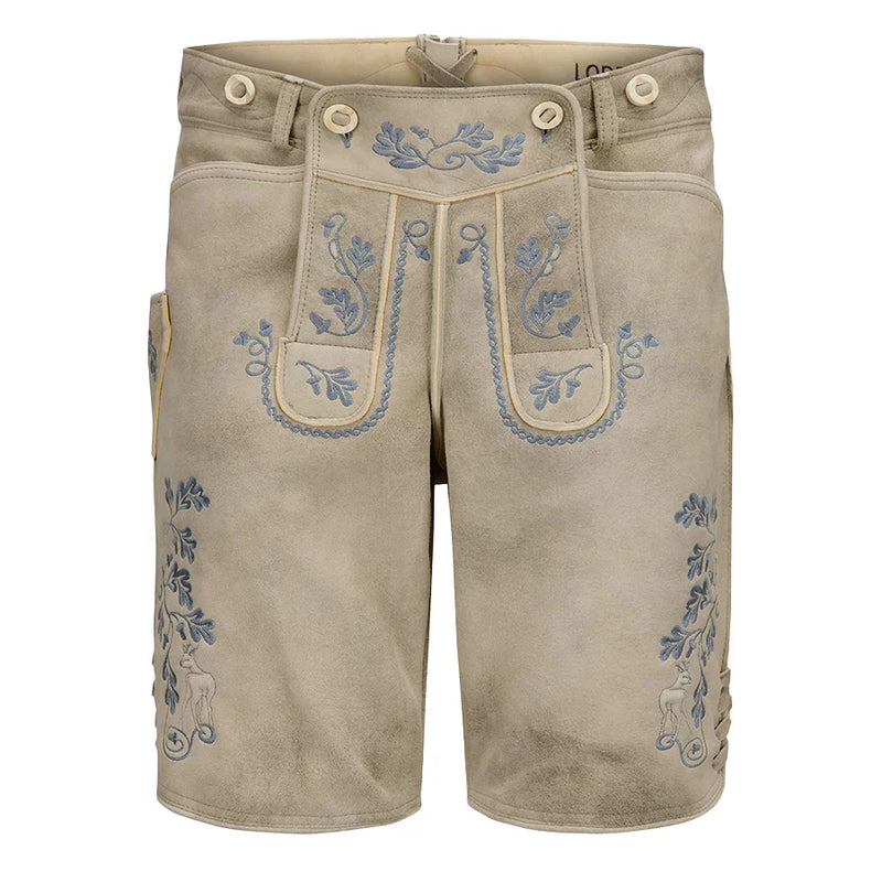 Beige shorts with blue floral embroidery on a white background