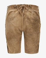 Brown suede shorts with drawstring on a white background