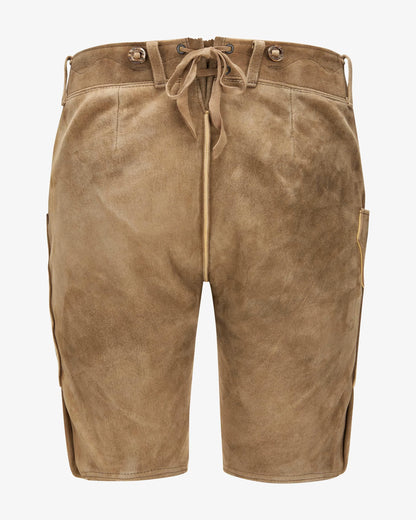 Brown suede shorts with drawstring on a white background
