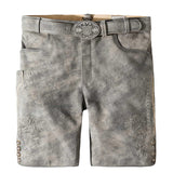 Gray leather shorts with decorative patterns and a belt on a white background