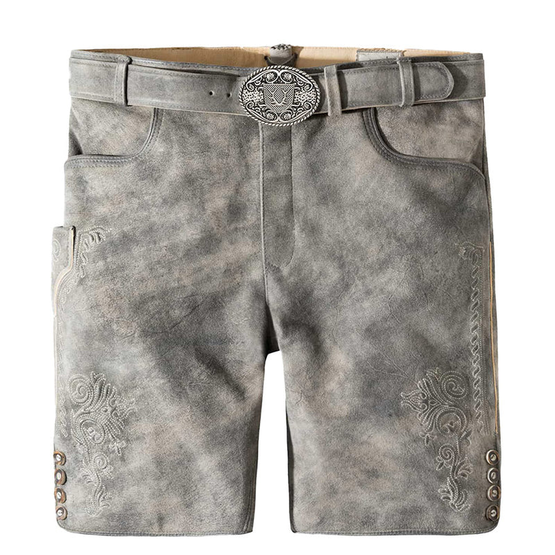 Gray leather shorts with decorative patterns and a belt on a white background