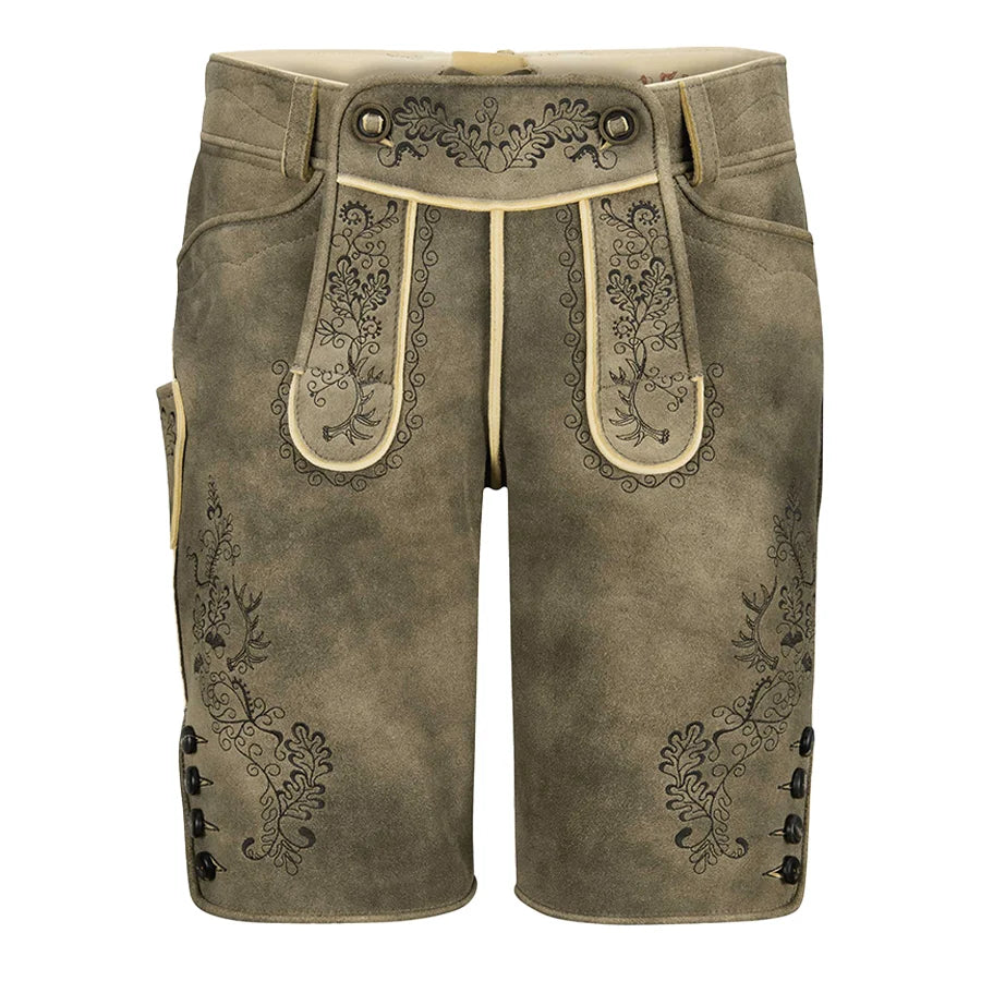 Brown leather shorts with floral embroidery on a white background