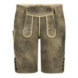 Brown leather shorts with floral embroidery on a white background