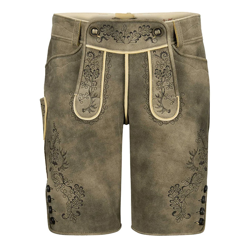 Brown leather shorts with floral embroidery on a white background