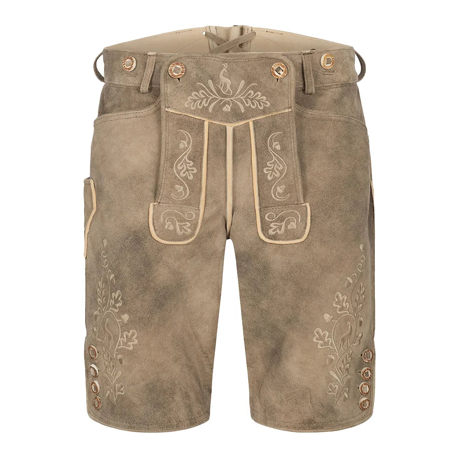 Brown leather shorts with embroidery on a white background