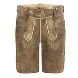 Brown leather shorts with embroidery on a white background