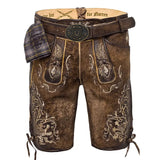 Brown leather shorts with intricate embroidery on a white background