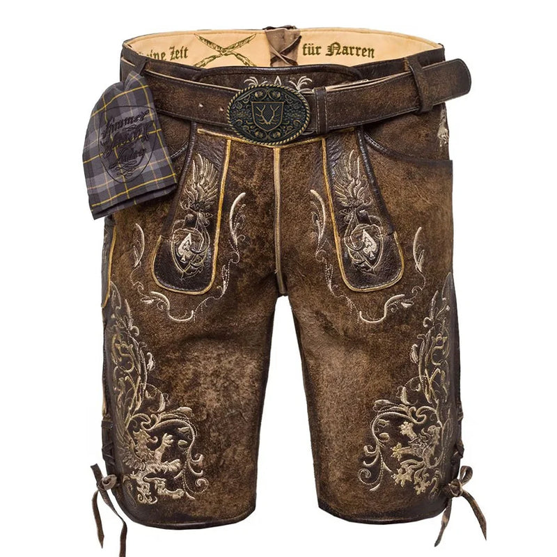 Brown leather shorts with intricate embroidery on a white background
