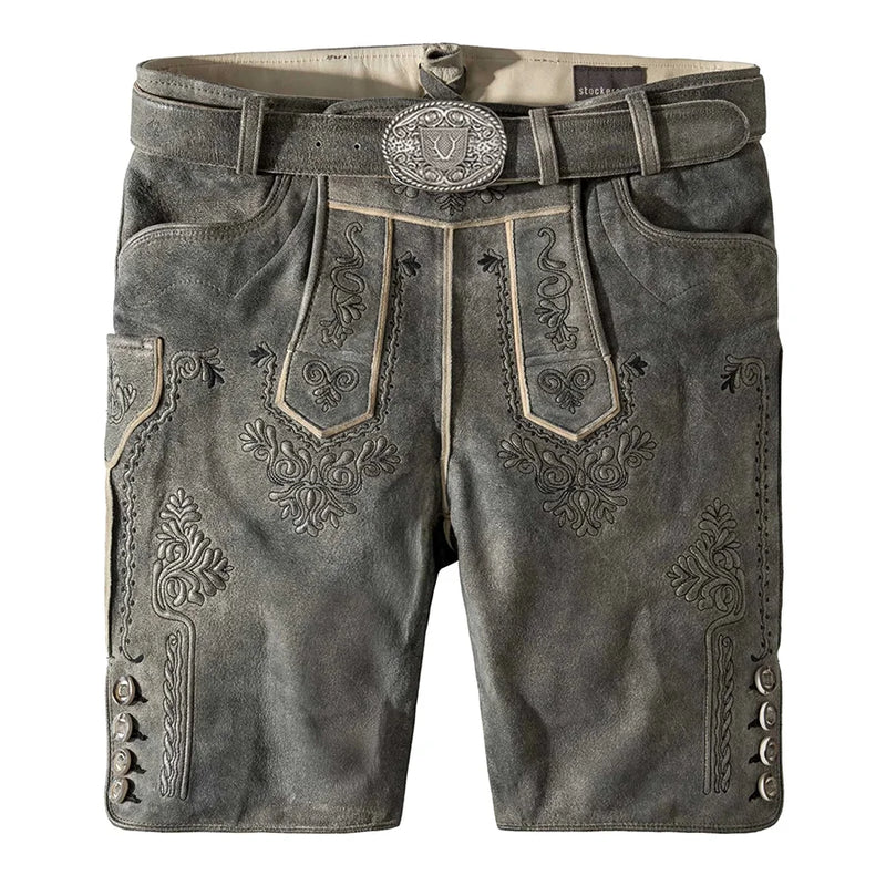 Traditional German Lederhosen with decorative stitching on a white background