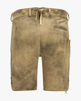 Brown shorts with gold buttons and drawstring on a white background