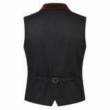 Black men's waistcoat vest with a brown collar and a matching tie belt with a silver buckle, shown from the back on a white background.