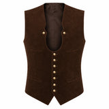 A dark brown suede vest with gold-tone decorative buttons, displayed against a solid white background.