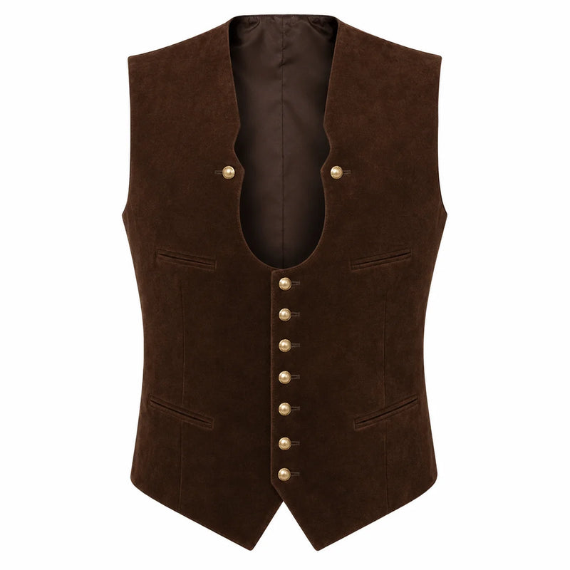 A dark brown suede vest with gold-tone decorative buttons, displayed against a solid white background.