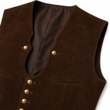 Close-up of a dark brown suede vest with gold-tone buttons and a satin brown lining, shown on a white background.