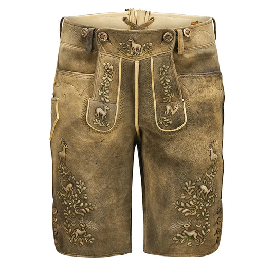 Brown leather shorts with decorative patterns on a white background