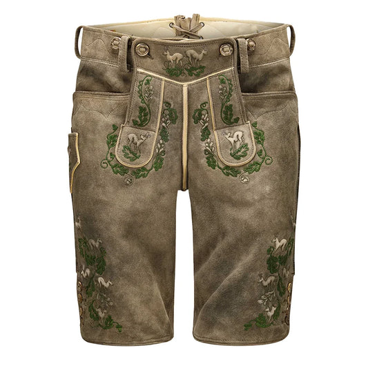 Traditional German lederhosen with embroidery on a white background