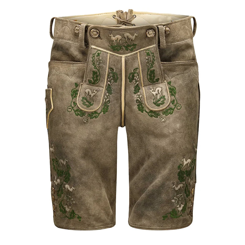 Traditional German lederhosen with embroidery on a white background