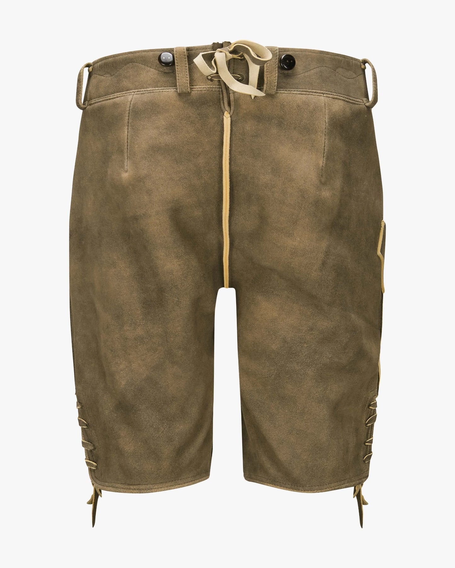 Brown leather shorts with a white background