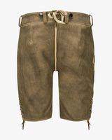 Brown leather shorts with a white background