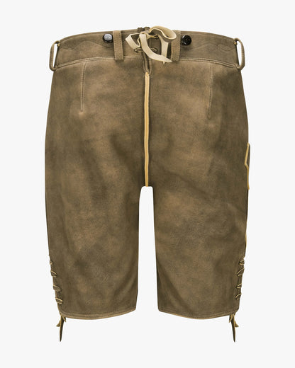 Brown leather shorts with a white background