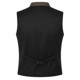 Black men's waistcoat vest with a decorative brown patterned collar and a matching rear belt with a buckle, shown on a plain white background.