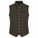 A dark brown wool vest with a mandarin collar, decorative silver-tone buttons down the front, and welt pockets, shown on a plain white background.