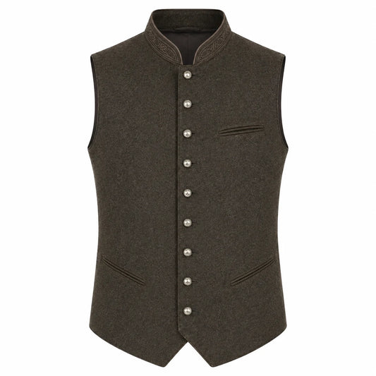 A dark brown wool vest with a mandarin collar, decorative silver-tone buttons down the front, and welt pockets, shown on a plain white background.