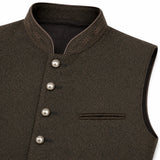 Close-up of a dark brown textured waistcoat with a mandarin collar, decorative embroidered trim, and silver-toned buttons, shown on a white background.