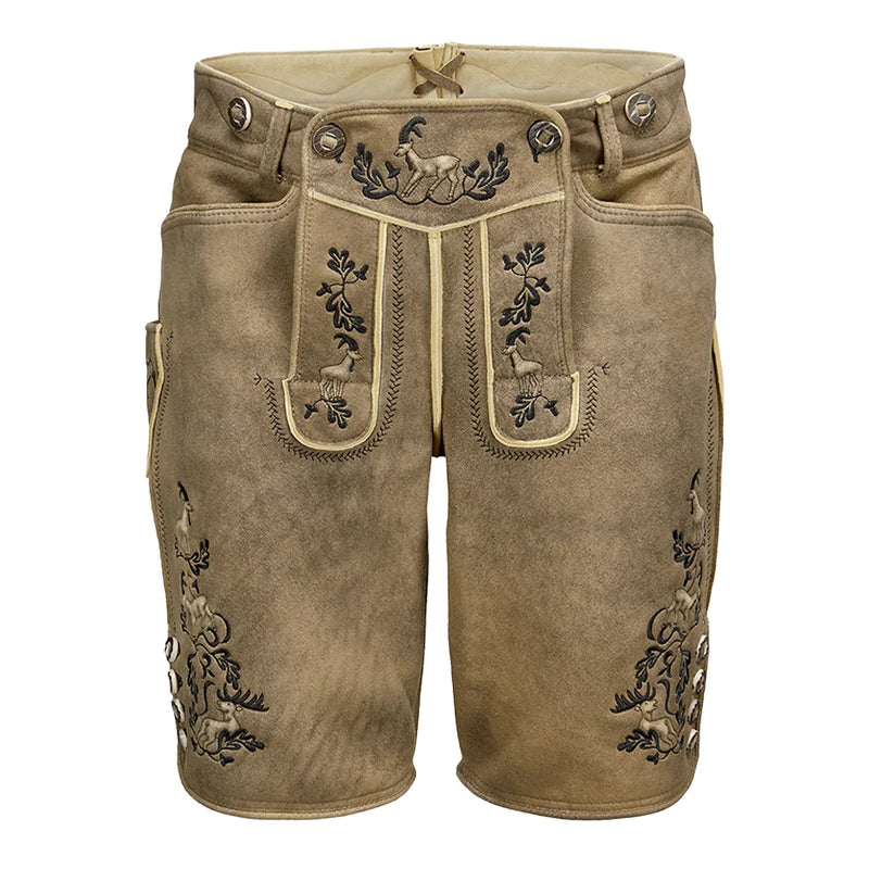 Brown leather shorts with embroidery on a white background