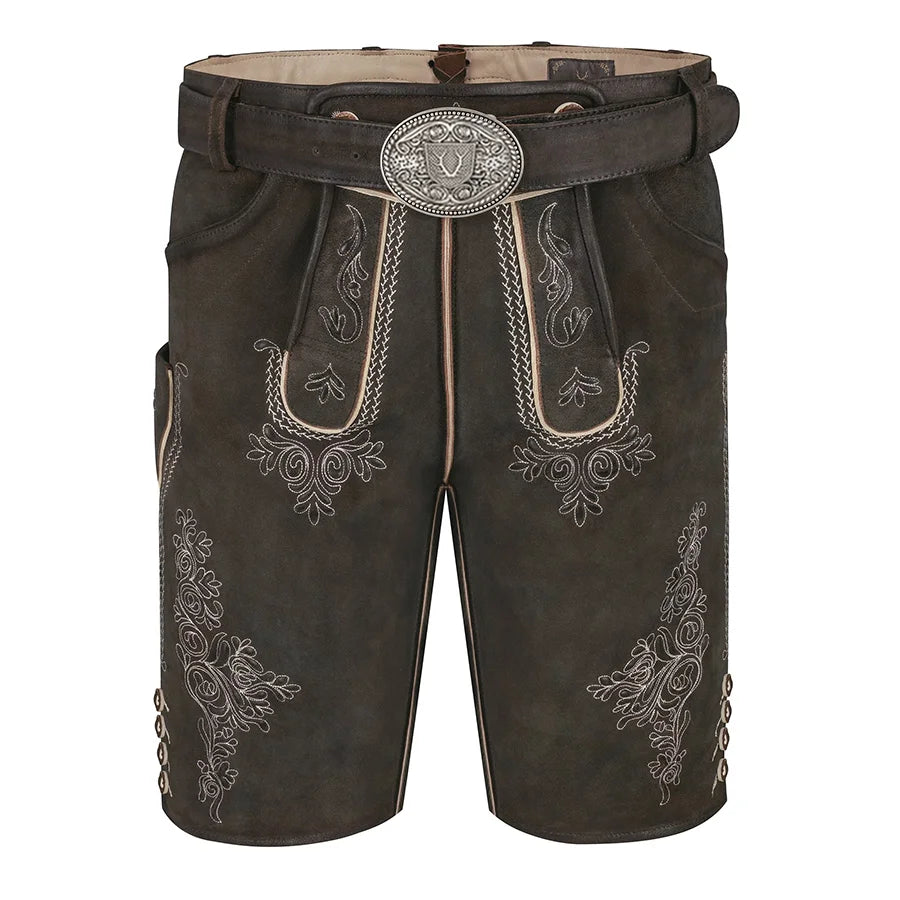 Brown leather shorts with intricate embroidery and a belt on a white background