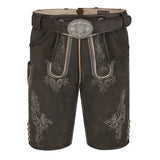 Brown leather shorts with intricate embroidery and a belt on a white background