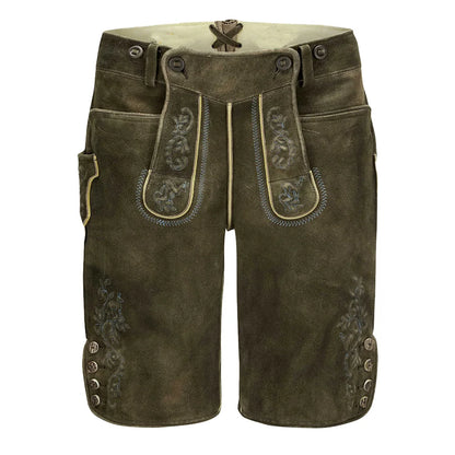 Brown leather shorts with decorative stitching on a white background