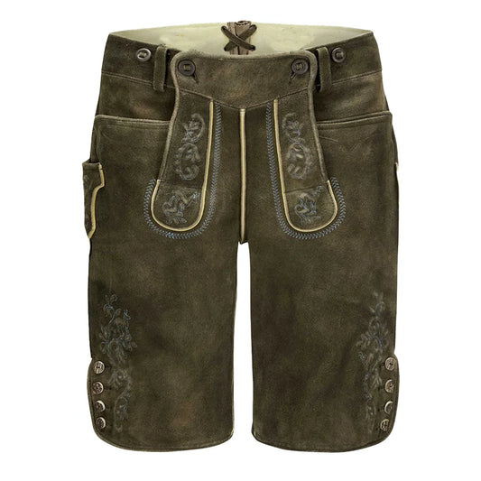 Brown leather shorts with decorative stitching on a white background