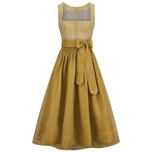 Mustard yellow dress with a bow detail on a white background