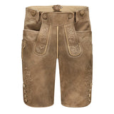 Brown leather shorts with decorative stitching on a white background